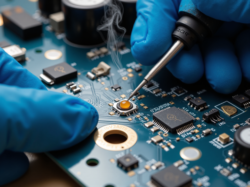 通信设备主板焊接工艺现场,技术人员正在检查高频信号传输接口焊接质量