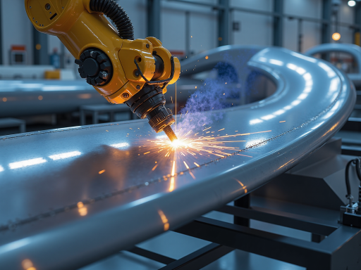 现代化生产车间,配备精密焊接设备,工人正在操作自动化焊接生产线,整洁有序的工厂环境